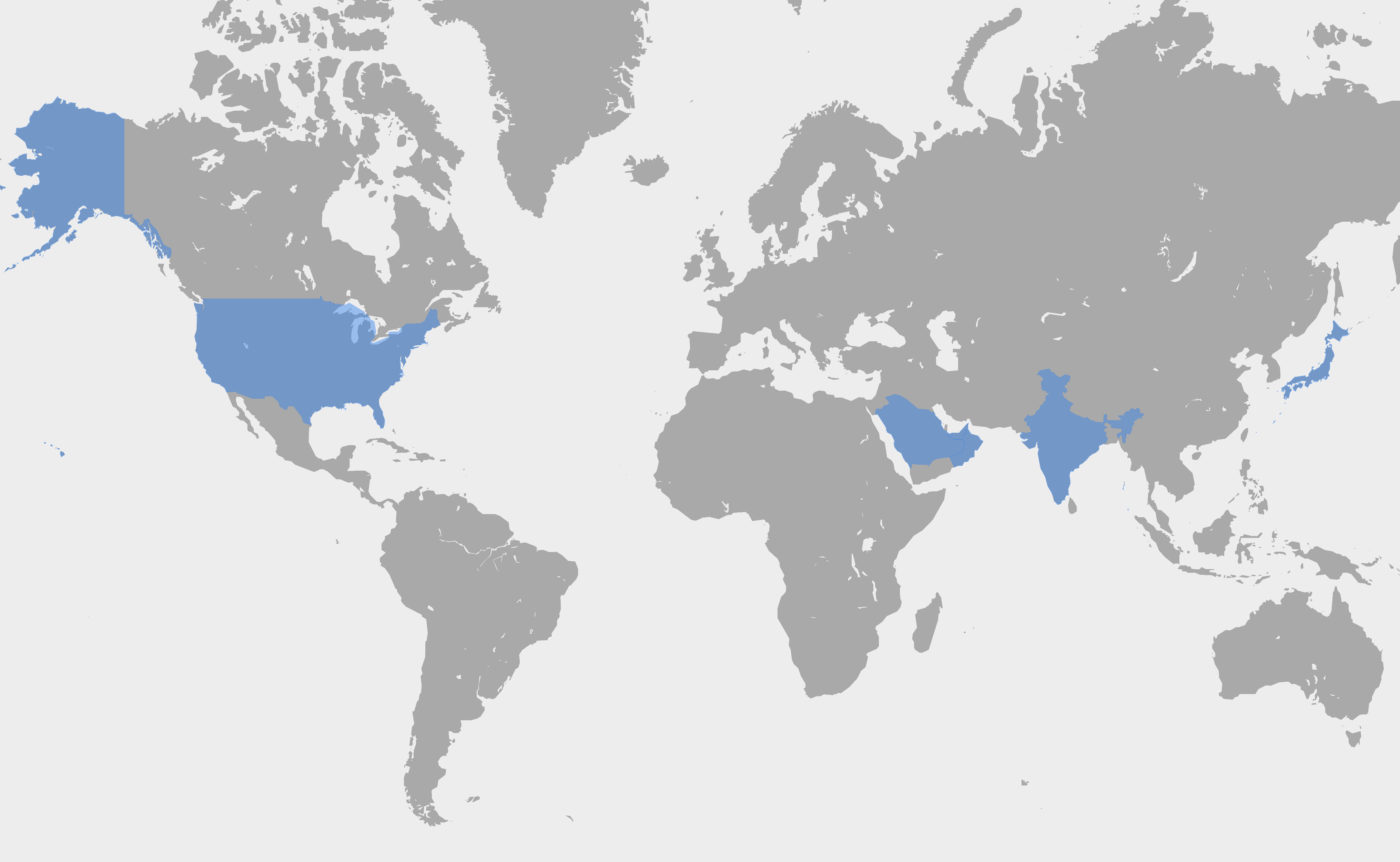 World map highlighting the United States, the Middle East, India, and Japan.